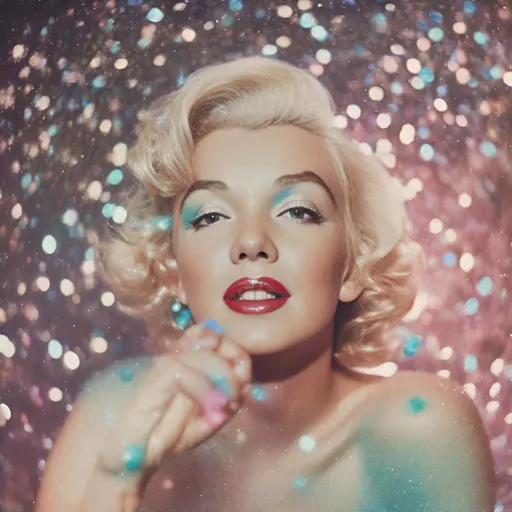 Prompt: Polaroid of Marilyn Monroe showering herself with glitter, in space, ambient, soft, pastel
