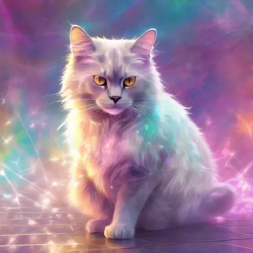 Prompt: Digital art of a cat with aura crystal fur, outside, ambient, soft, colorful