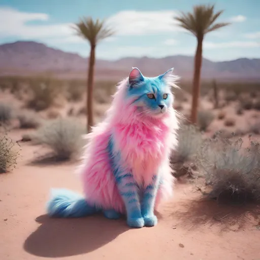 Prompt: Polaroid of a pink and blue fluffy cat, outside in the desert, ambient, soft, neon, colorful