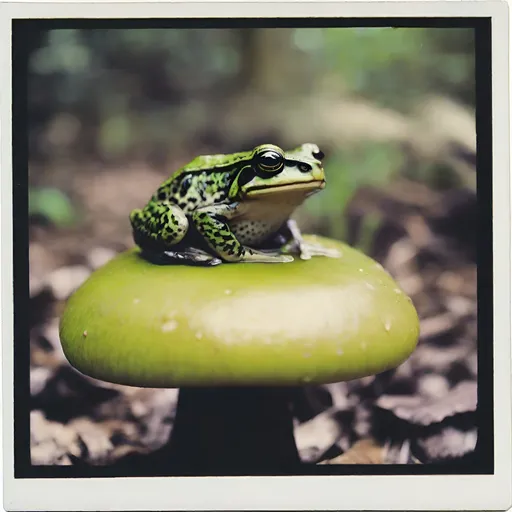 Prompt: Color bordered Polaroid of a frog sitting on top of a mushroom, outside, ambient, soft, neon