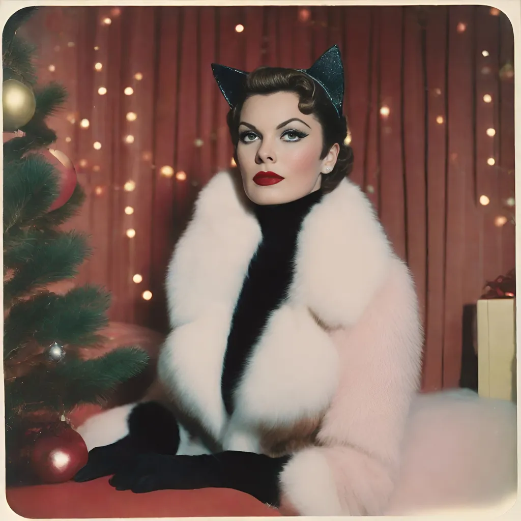 Prompt: 1950’s color-leaked Polaroid of a beautiful woman dressed as catwoman for Christmas, outside, ambient, soft, pastel