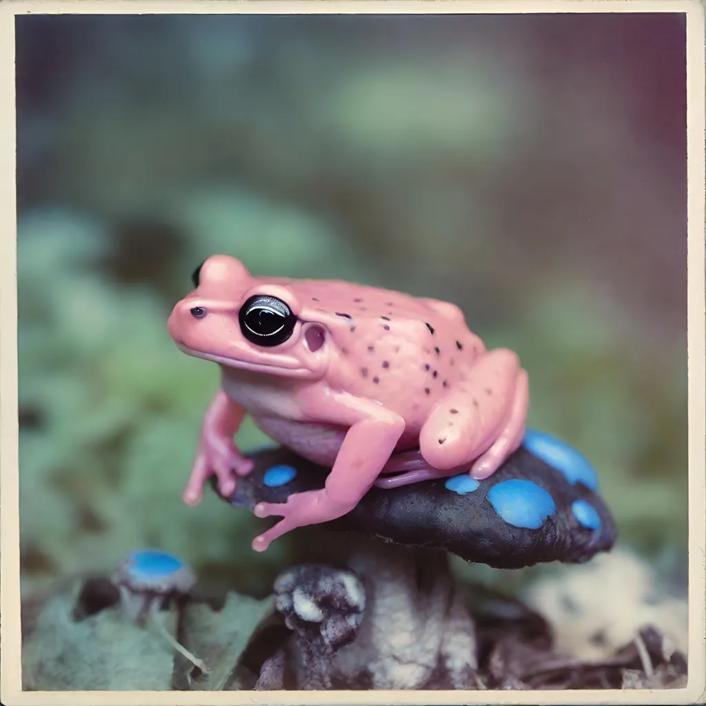 Prompt: bordered Polaroid of a pink frog sitting on top of a blue spotted mushroom, outside, ambient, soft, pastel