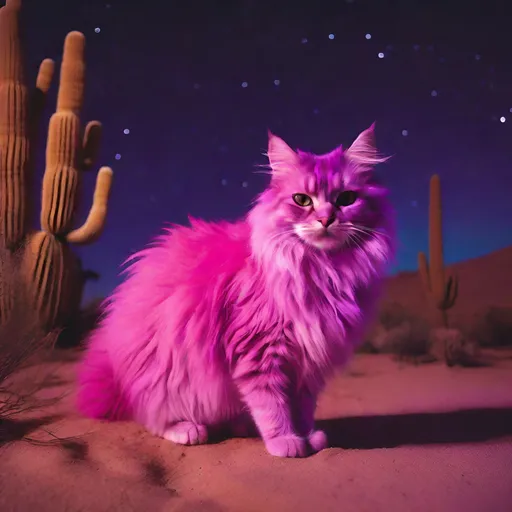 Prompt: Polaroid of a pink and purple fluffy cat, outside in the desert at night, ambient, soft, neon, colorful