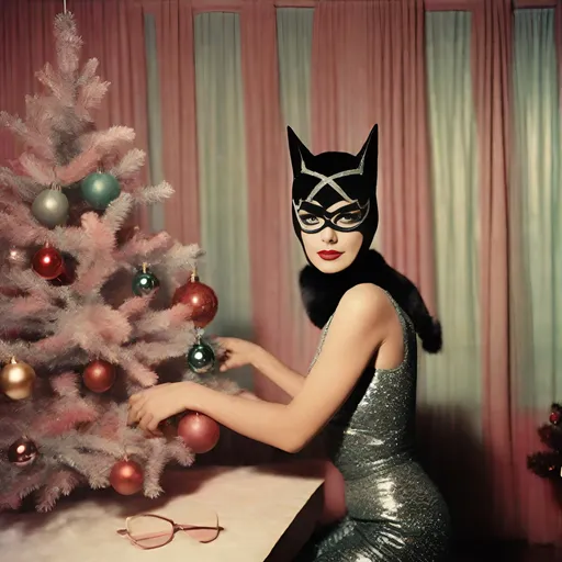 Prompt: 1950’s color-leaked Polaroid of a beautiful woman dressed as a catwoman for Christmas, inside, ambient, soft, pastel