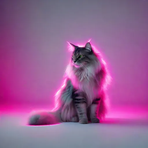 Prompt: Aura photo of a full body shot of a long haired cat, ambient, soft, neon