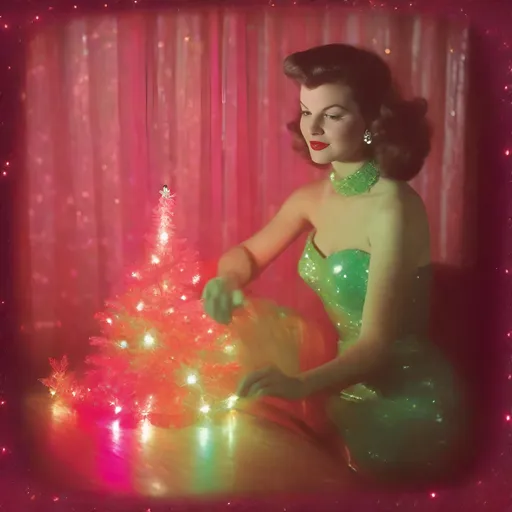 Prompt: 1950’s Polaroid of a Christmas vixen, glitter, sparkly, ambient, soft, neon