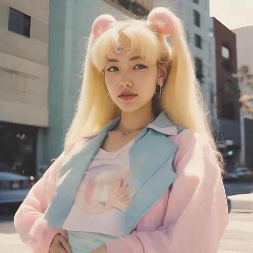 Prompt: Polaroid of Usagi Sailor Moon wearing street clothes, outside in downtown Los Angeles, ambient, soft, pastel, colorful