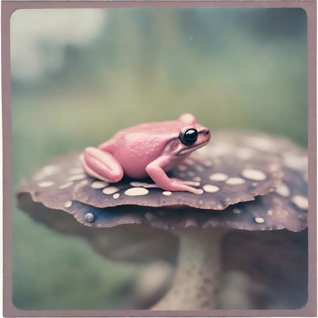 Prompt: bordered Polaroid of a pink frog sitting on top of a blue spotted mushroom, outside, ambient, soft, pastel