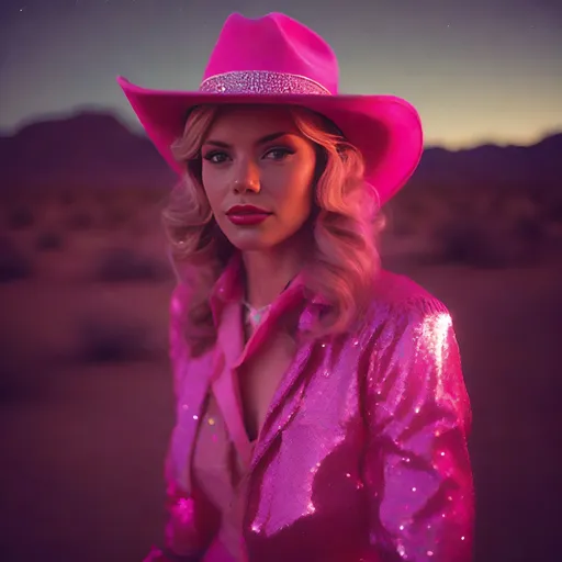 Prompt: Polaroid from the 1950's of a beautiful woman dressed as a sparkly pink cowgirl, wearing a sparkly pink cowgirl hat, outside in the desert at night, ambient, soft, neon