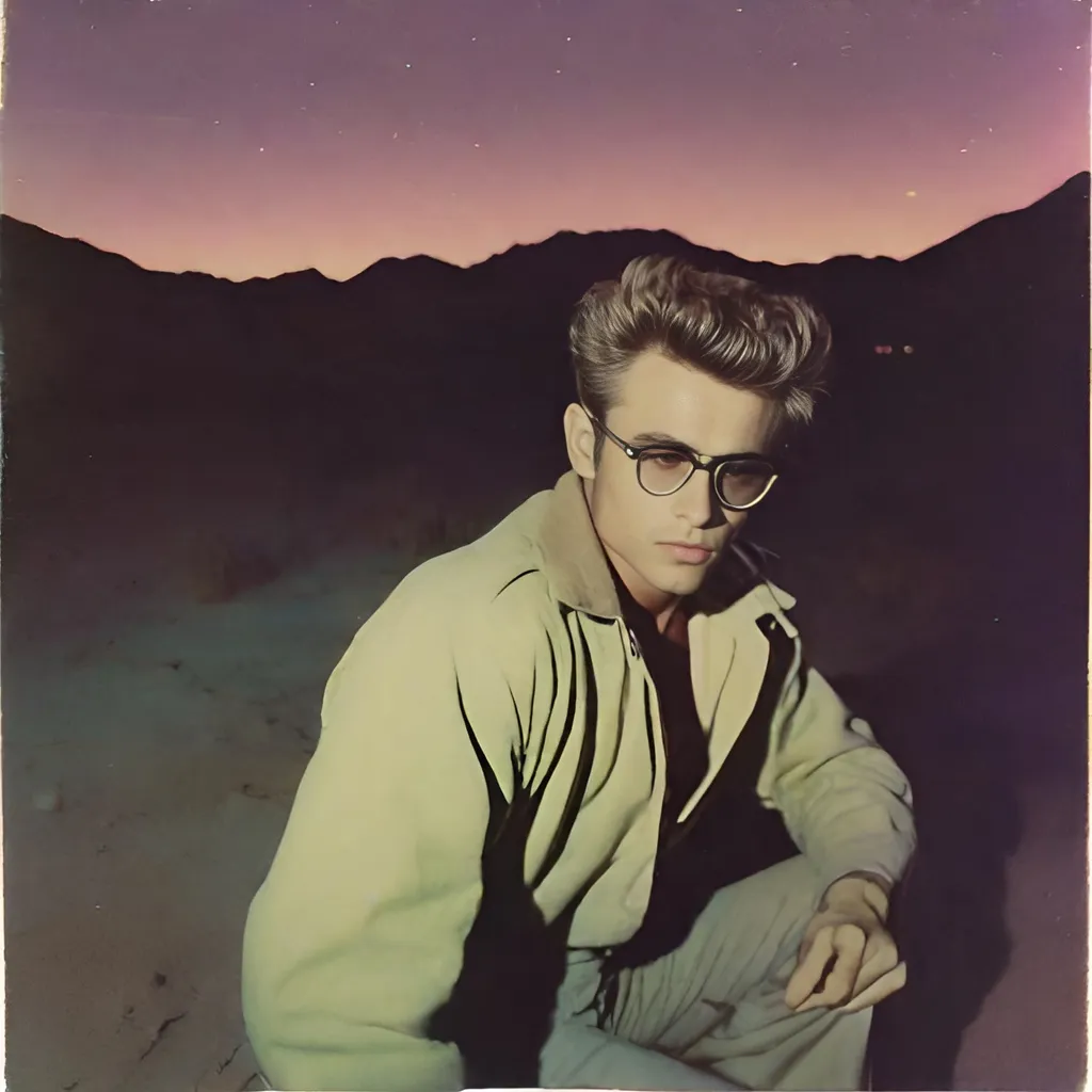 Prompt: Polaroid of James Dean in the 1950's, outside in the desert at night, ambient, soft, neon