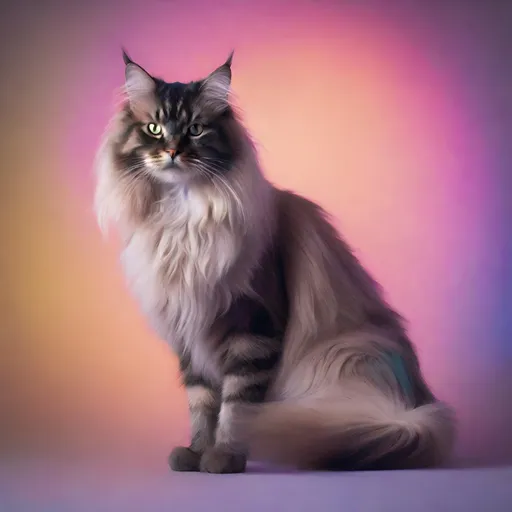 Prompt: Aura photo of a full body shot of a long haired cat, ambient, soft, colorful
