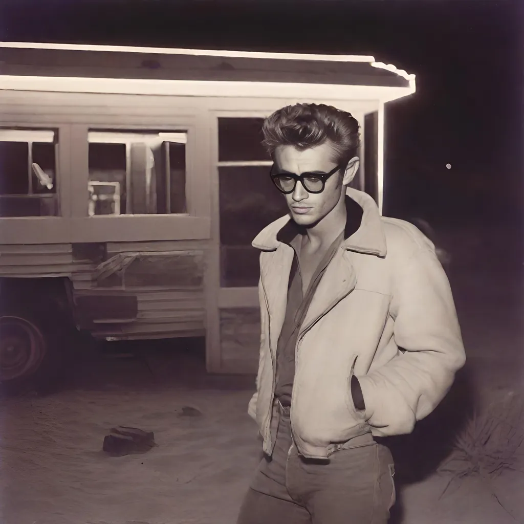 Prompt: Polaroid of James Dean in the 1950's, outside in the desert at night, ambient, soft, neon