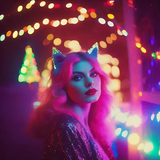 Prompt: 1990’s Polaroid of a beautiful cat-woman at Christmas, outside, glitter, ambient, soft, neon, colorful