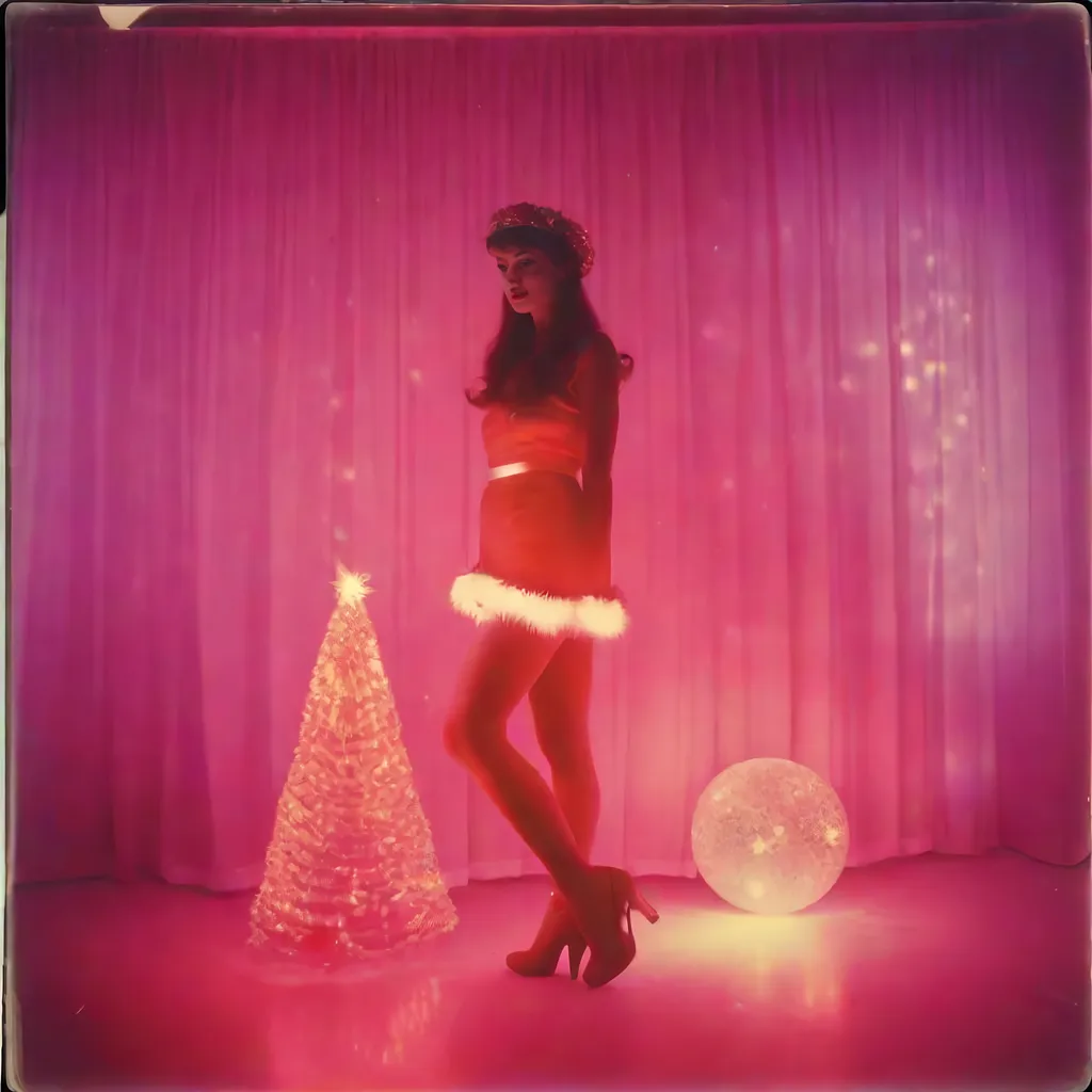 Prompt: 1940’s Polaroid of a full body shot of a neon Christmas vixen, glitter, sparkly, ambient, soft, neon