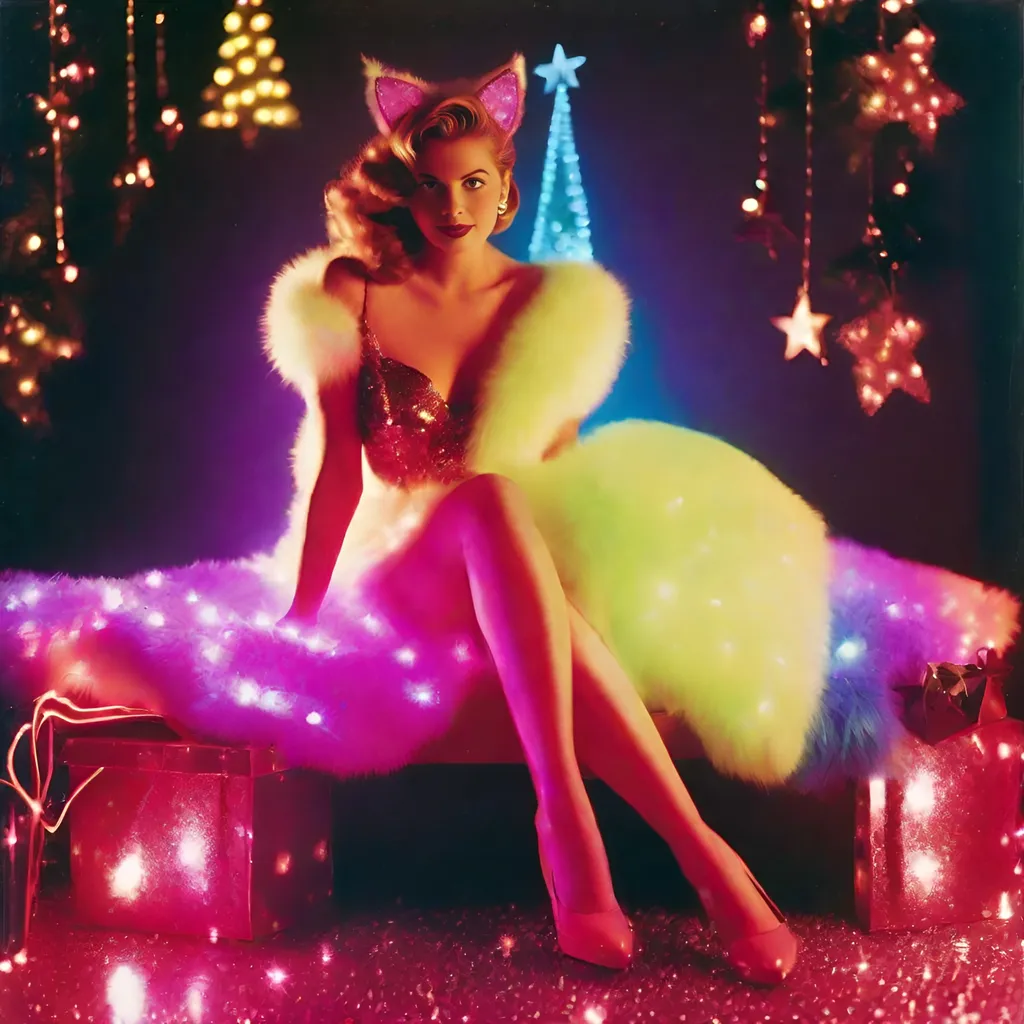 Prompt: 1950’s Polaroid of a full body shot of a neon Christmas vixen, glitter, sparkly, ambient, soft, neon