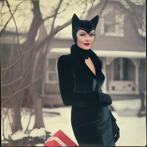 Prompt: 1950’s color-leaked Polaroid of a beautiful woman dressed as catwoman for Christmas, outside, ambient, soft, pastel