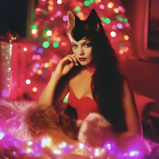 Prompt: 1990’s Polaroid of a beautiful cat-woman-vixen at Christmas, ambient, soft, neon, colorful