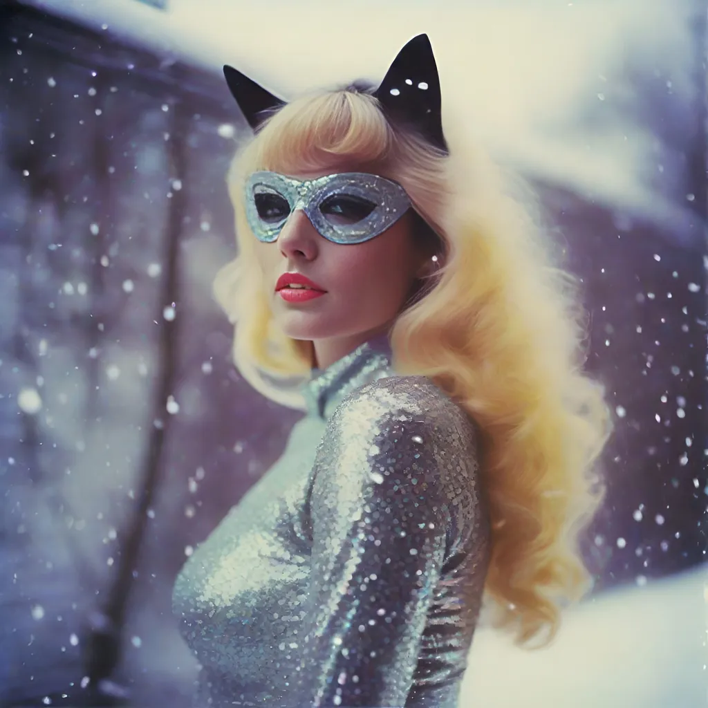 Prompt: 1970’s Polaroid of a beautiful sparkly cat-woman, outside in the snow, ambient, soft, neon