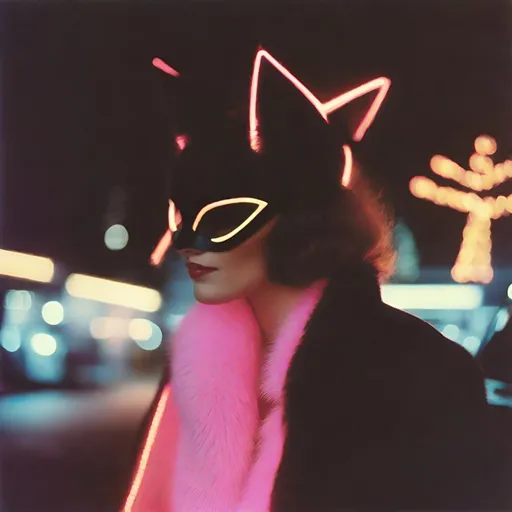 Prompt: 1980’s Polaroid of a vixen Cat-Woman at Christmas, outside, ambient, soft, neon