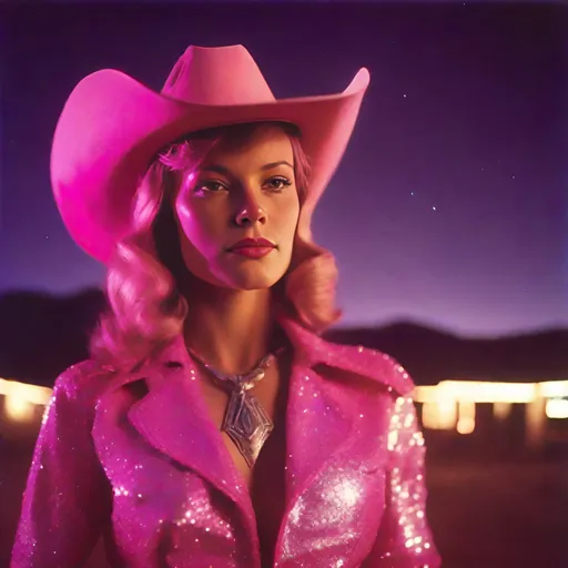 Prompt: Polaroid from the 1950's of a beautiful woman dressed as a sparkly pink cowgirl, wearing a sparkly pink cowgirl hat, outside in the desert at night, ambient, soft, neon