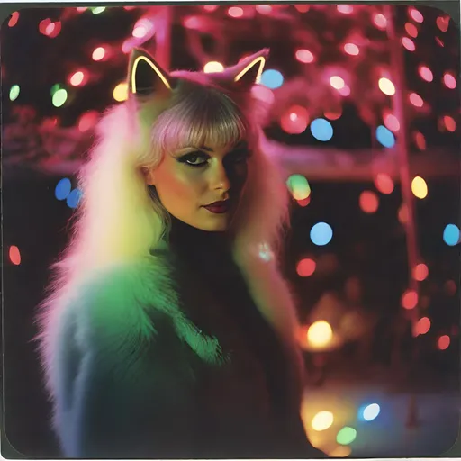 Prompt: 1980’s Polaroid of a vixen Cat-Woman at Christmas, outside, ambient, soft, neon