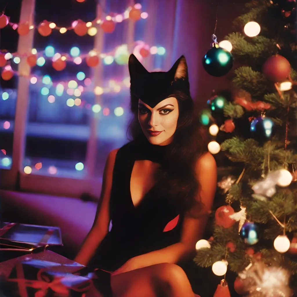 Prompt: 1980’s Polaroid of a Cat-Woman at Christmas, outside, ambient, soft, neon