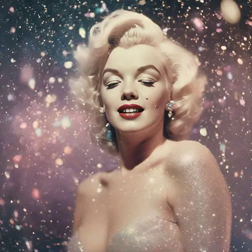 Prompt: Polaroid of Marilyn Monroe showering herself with glitter, in space, ambient, soft, pastel