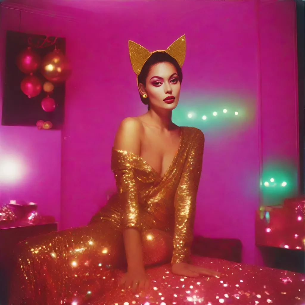 Prompt: 1990’s Polaroid of an exotic cat-woman, Christmas-time, glitter, ambient, soft, neon