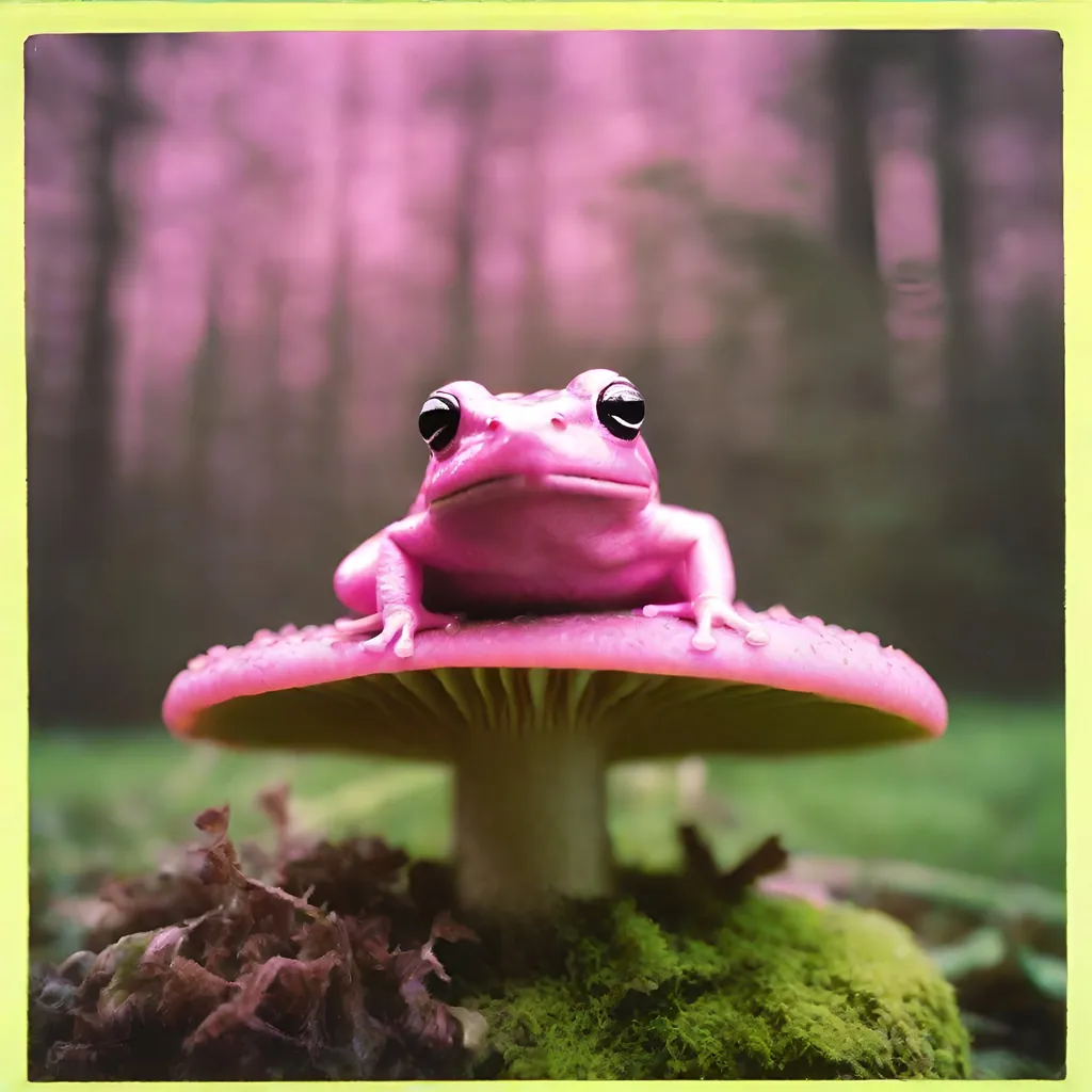 Prompt: bordered Polaroid of a pink frog sitting on top of a green mushroom, outside, ambient, soft, neon
