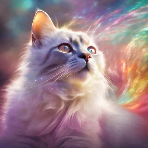 Prompt: Digital art of a cat with aura crystal fur, outside, ambient, soft, colorful