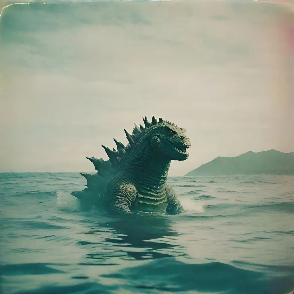 Prompt: Polaroid of Godzilla in the ocean, ambient, soft, colorful