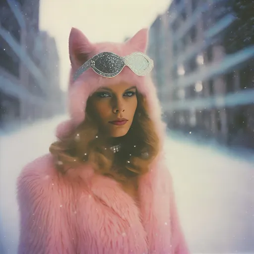 Prompt: 1970’s Polaroid of a beautiful sparkly cat-woman, outside in the snow, ambient, soft, neon