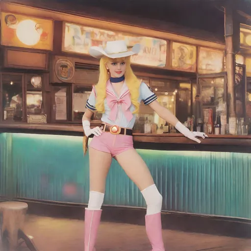 Prompt: Polaroid of Sailor Moon wearing a cowgirl outfit in the 1960's, outside at a bar, ambient, soft, pastel, colorful