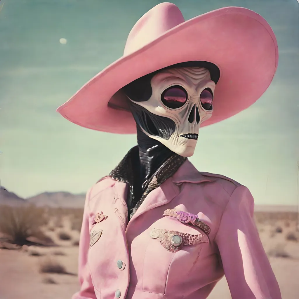 Prompt: Polaroid from the 1950's of an alien wearing a pink cowgirl outfit and a pink cowgirl hat, outside in the desert, ambient, gritty, pastel