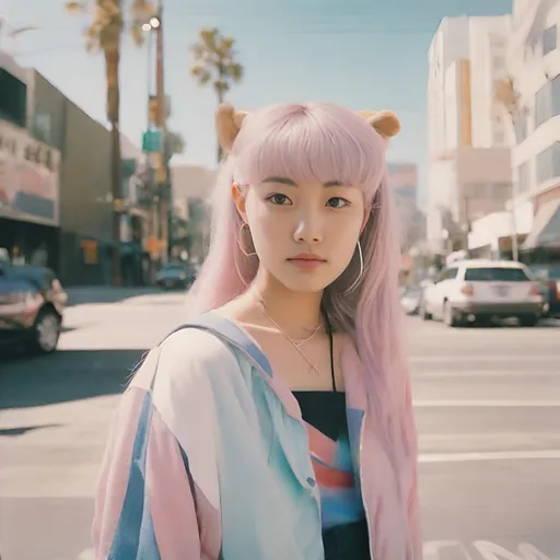 Prompt: Polaroid of Usagi Sailor Moon wearing street clothes, outside in downtown Los Angeles, ambient, soft, pastel, colorful