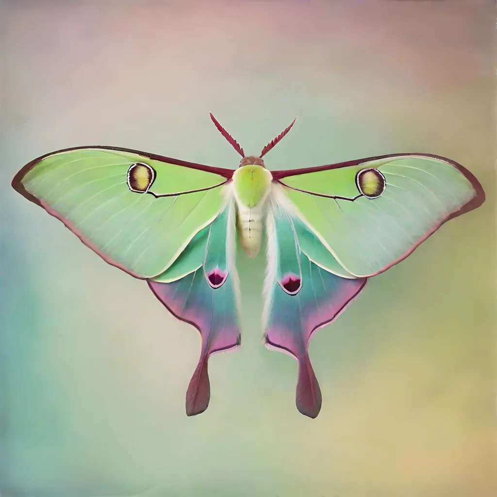 Prompt: Polaroid of a rainbow luna moth, ambient, soft, pastel