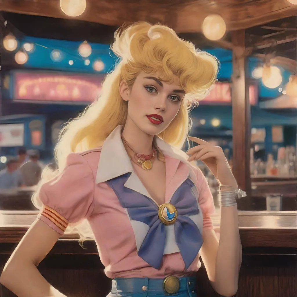 Prompt: Polaroid of Sailor Moon wearing a cowgirl outfit in the 1960's, outside at a bar, ambient, soft, pastel, colorful