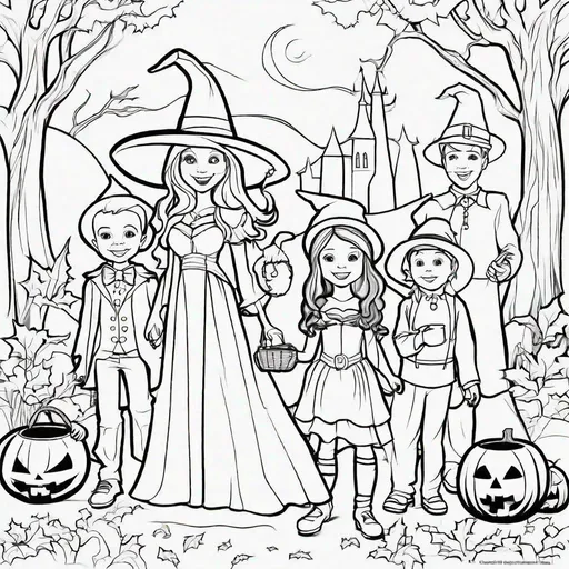 Prompt: Create a black and white Halloween coloring page featuring a group of kids trick-or-treating. Children must go dressed as a witch, vampire, ghost.