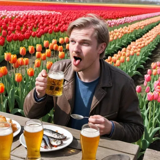 Prompt: Dutch guy eating with beer in one hand and herring in the another one
in the field of tulips
