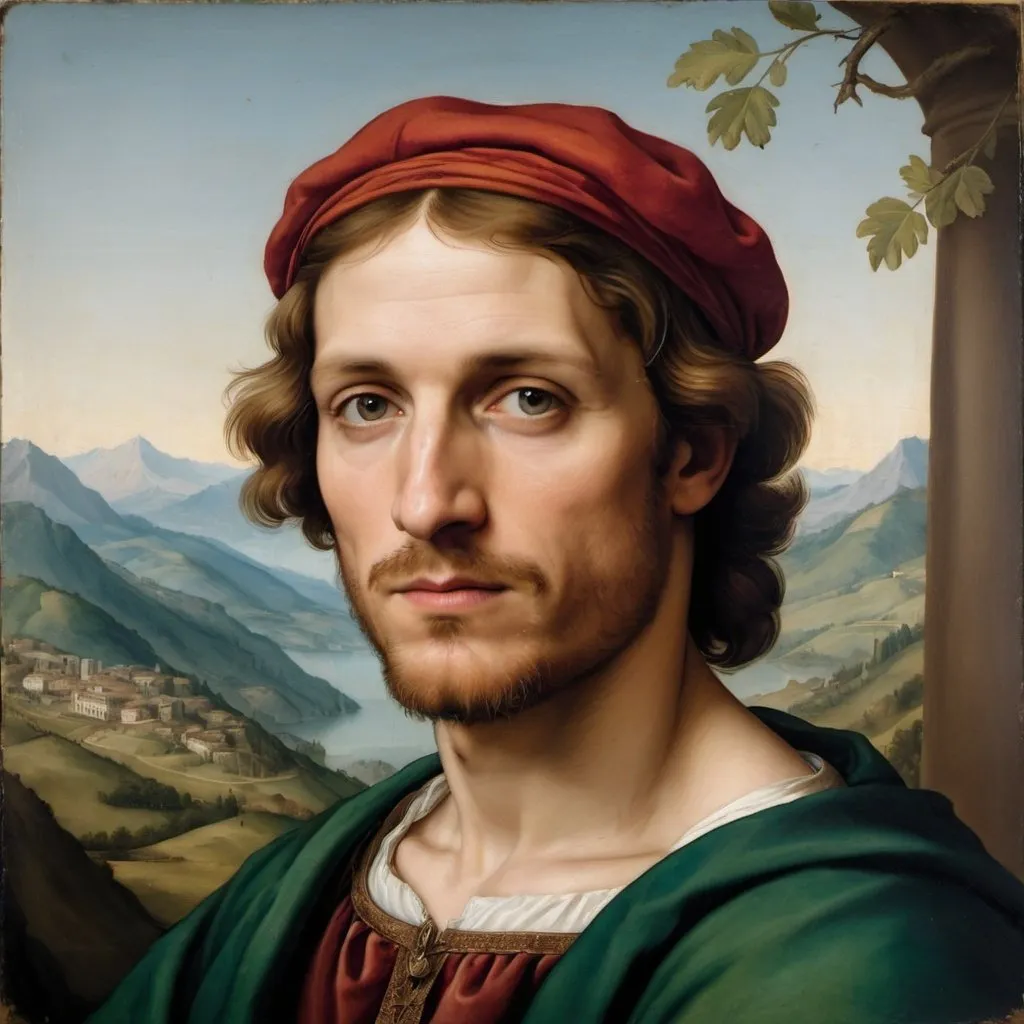 Prompt: a painted portrait of a man in the style of Italian Renaissance painter Raphael with mountains in the background