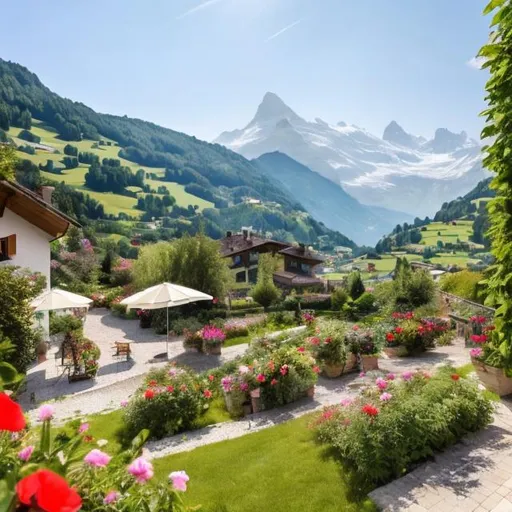 Prompt: a photo of a villa with a french bakery style and a private flower garden, in the middle of the swiss mountains with amazing view. 