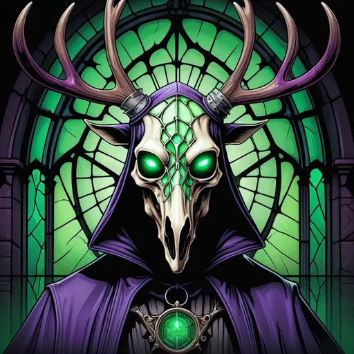 Prompt: high-res, detailed, gothic horror illustration of a menacing plague doctor, haunting deer skull with antlers, eerie green glow, glowing green eyes, haunting, horror, gothic, detailed skull, eerie lighting, purple, stained glass style