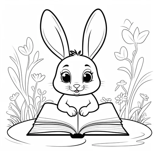 Prompt: B&W coloring book page,cartoon rabbit reading a book, line art, solid white background