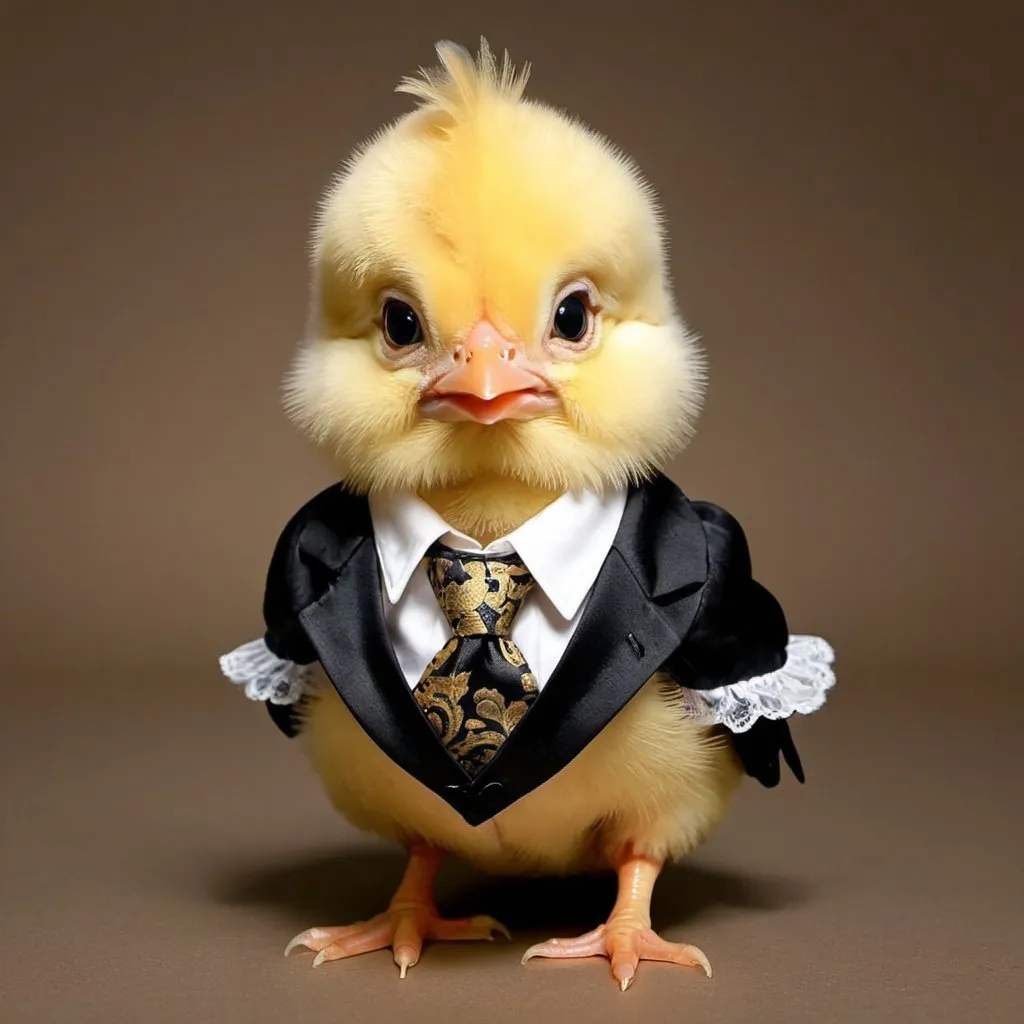 Prompt: cute female baby chick with Barock Clothes and tie.