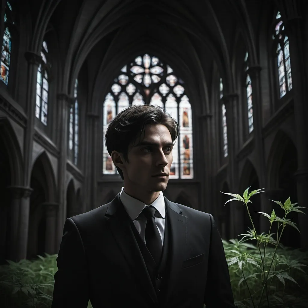 Prompt: (male in a black suit), (face as a weed leaflet), (mesmerizing and professional), black gothic cathedral background, dramatic lighting, high contrast, ultra-detailed, sophisticated ambiance, deep shadows, elegant composition, captivating visual depth, moody undertones, striking juxtaposition of nature and architecture, refined professionalism