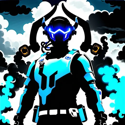 Prompt: Realistic anime illustration of a male with his body totally covered in a cloud special-ops suit, with black steel horns on the helmet , high-quality, realistic anime, sky-themed, cloud battle suit, black steel horns, detailed, atmospheric lighting, stormy atmosphere. All the body and face MUST be covered