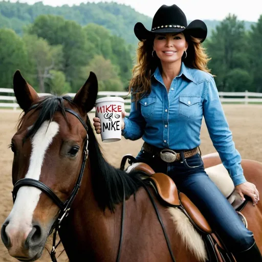 Prompt: Shania Twain with a cup and the word mike on it while riding a horse .