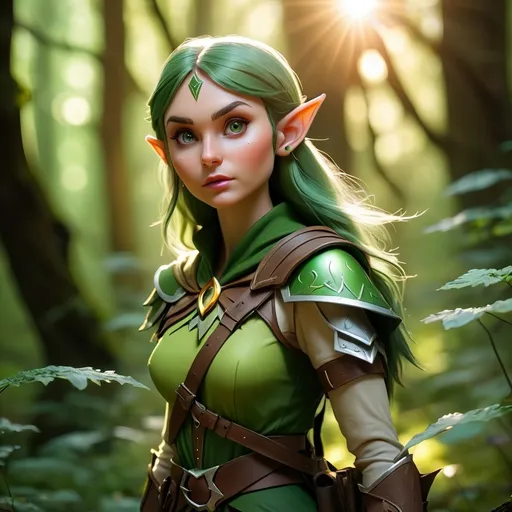 Prompt: Elf ranger in a mystical forest around sunlight