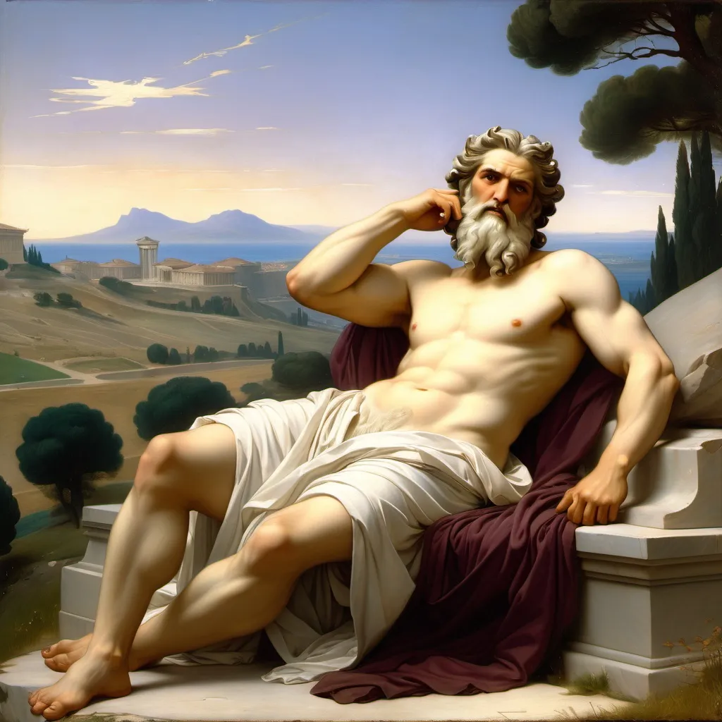 Prompt: zeus
 full body clothed
 laying  against a landscape background with    in academic  Alexandre Cabanel painting