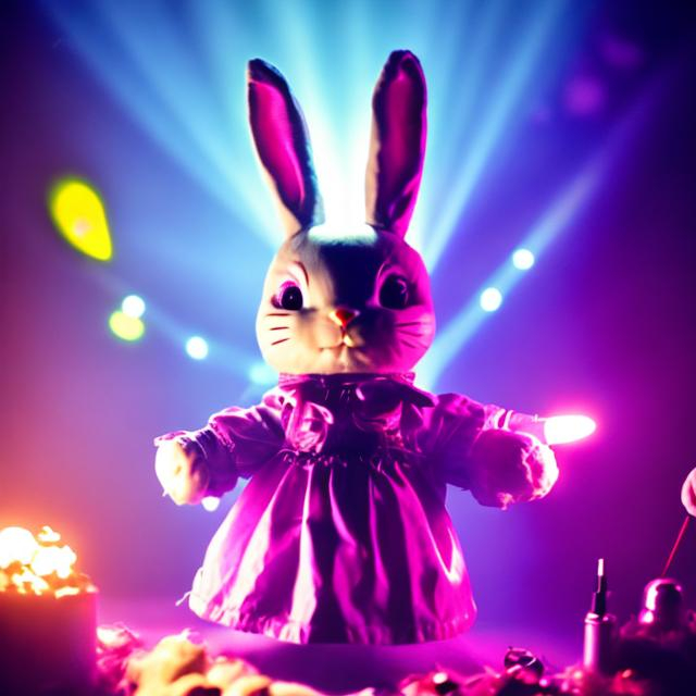 Prompt: a doll easterbunny at a techno party with lazers and smoke having the best night of his life